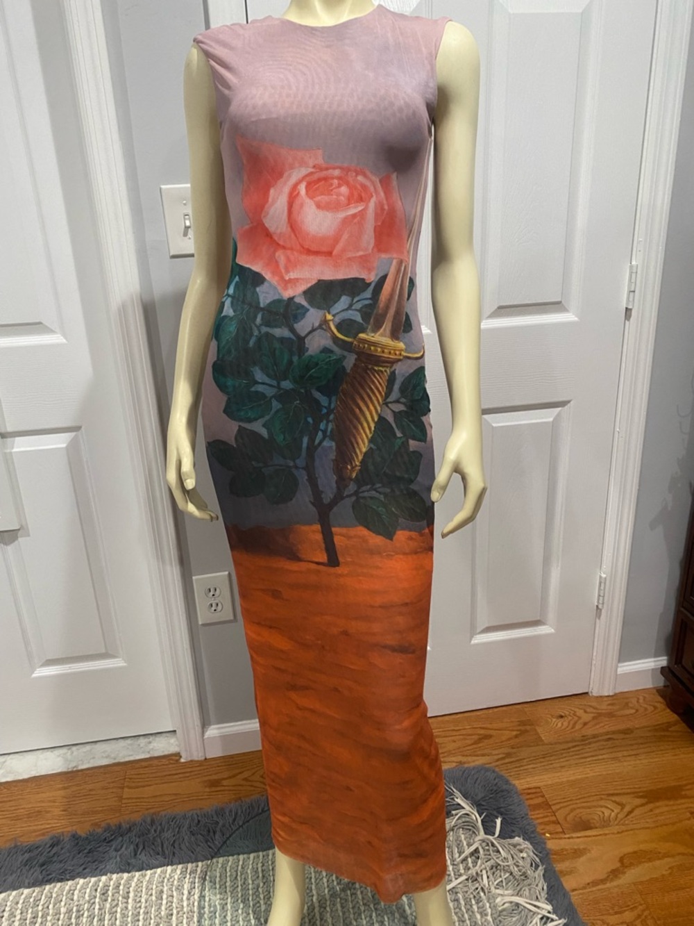 Rene Magritte Zara Sleeveless Maxi Dress with Pink Rose & Orange Panel/ Size S